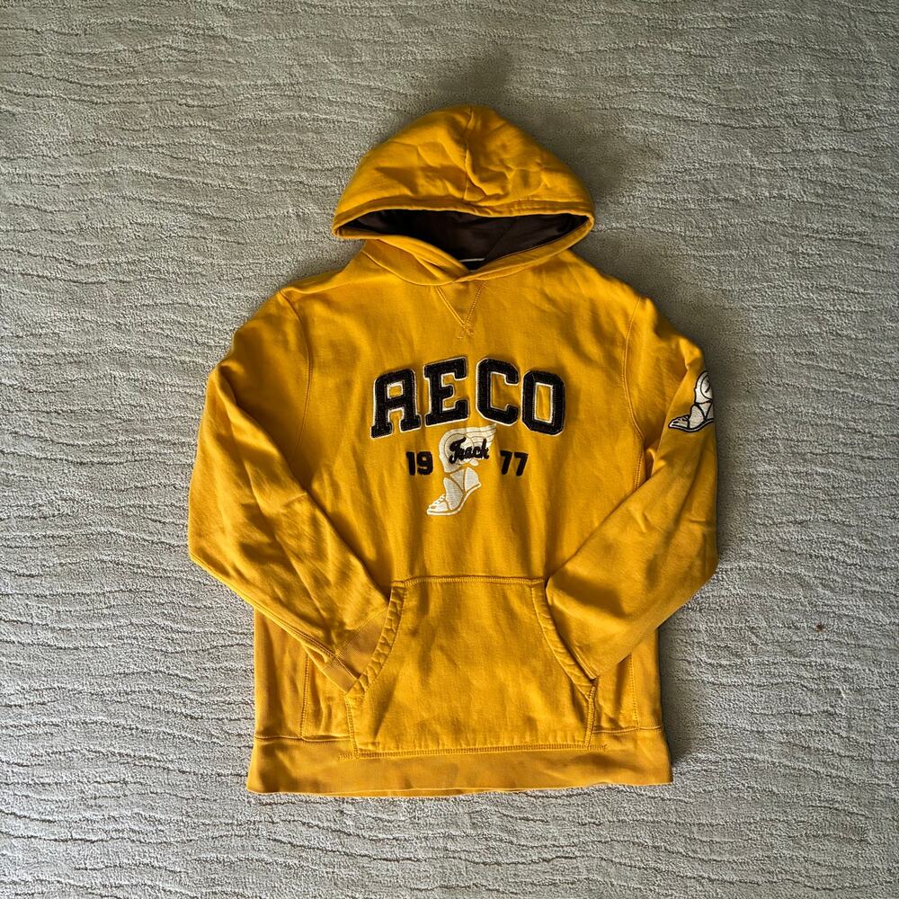 Y2K American Eagle Mens XL Mustard Yellow Embroidered Hoodie Collegiate Retro